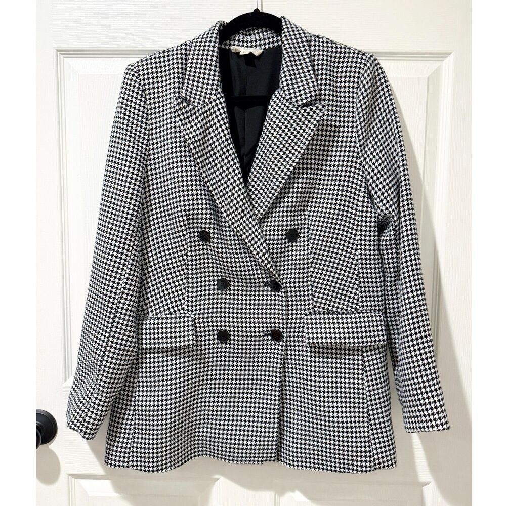 Marled Black White Houndstooth Blazer Double Breasted Pockets Career Classic M